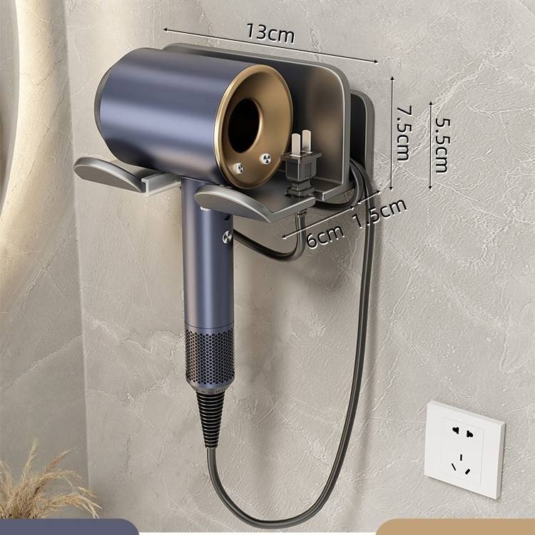 No Drill Hair Dryer Holder Wall Mount, Bathroom Organizer With Cord Wrap & Storage Shelf, Modern Aluminum Shower Caddy For Comb & Styling Tools_voghion.com