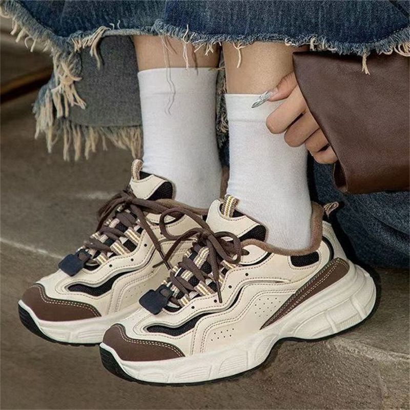 2026 Fashion Sneakers Joggingschuhe Damen Künstliches PU-Spleißen Low Top Schnürung Atmungsaktiv Dicke Sohle Rutschfeste Verschleißfeste Laufschuhe 35-40_voghion.com