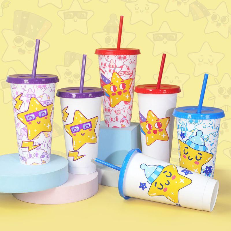 Large Capacity Pp Plastic Single Layer Cold Changing Star Cup High Value Three Piece Straw Color Changing Cup_voghion.com
