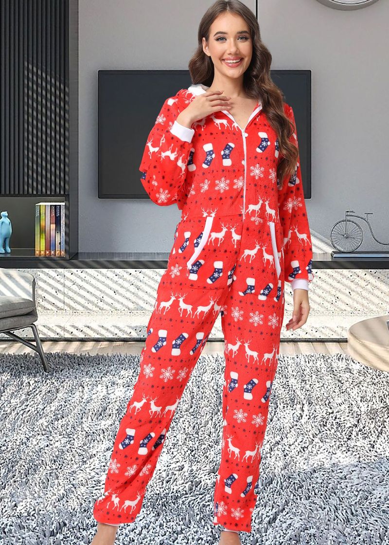 women's Christmas deer snowflake flannel hooded jumpsuit pajamas home clothes_voghion.com