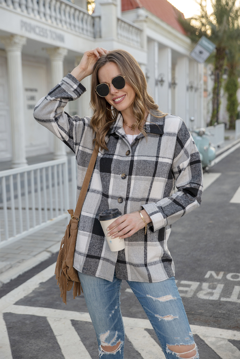 Damen neuer Herbst- und Wintermantel mit langen Ärmeln, Revers, lockerem kariertem Hemd und mittellangem Mantel_voghion.com