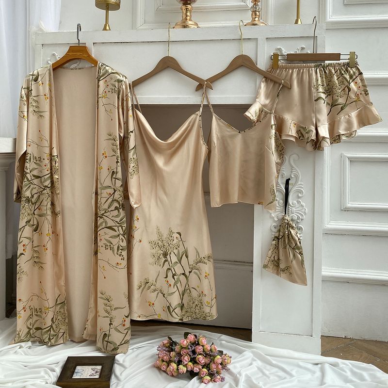 Cross border printed cherry pajamas for women, simple silk home clothes, thin nightgown, ice silk suspender skirt, nightdress_voghion.com