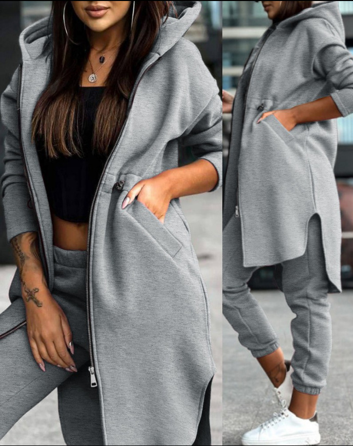 Zweiteiliges Set mit modischem, lässigem Kapuzen-Fleece-Hoodie-Mantel für Damen_voghion.com