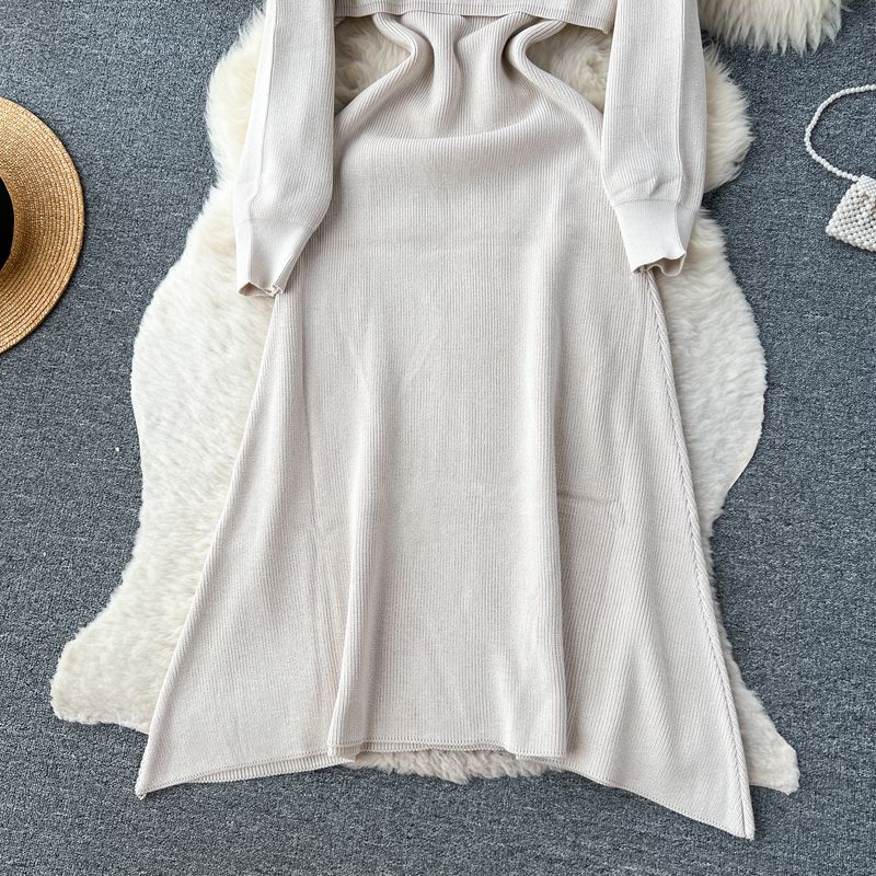Damenbekleidung Langärmliges Strickpulloverkleid für Damen, neuer Hüftrock mit Hosenträgern für Herbst und Winter + zweiteiliges Set mit hochwertigem Schal_voghion.com