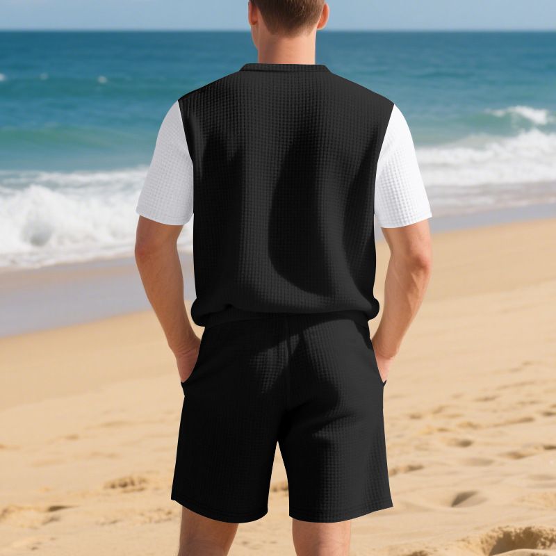 Summer Plus Size American Style Loose Waffle Beach Henley Shirt Short Sleeve Shorts Casual Set For Men_voghion.com