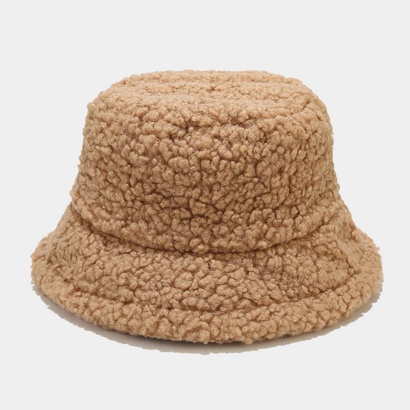 Hat women's autumn and winter versatile lamb wool bucket hat simple solid color thickened warm plush basin hat_voghion.com