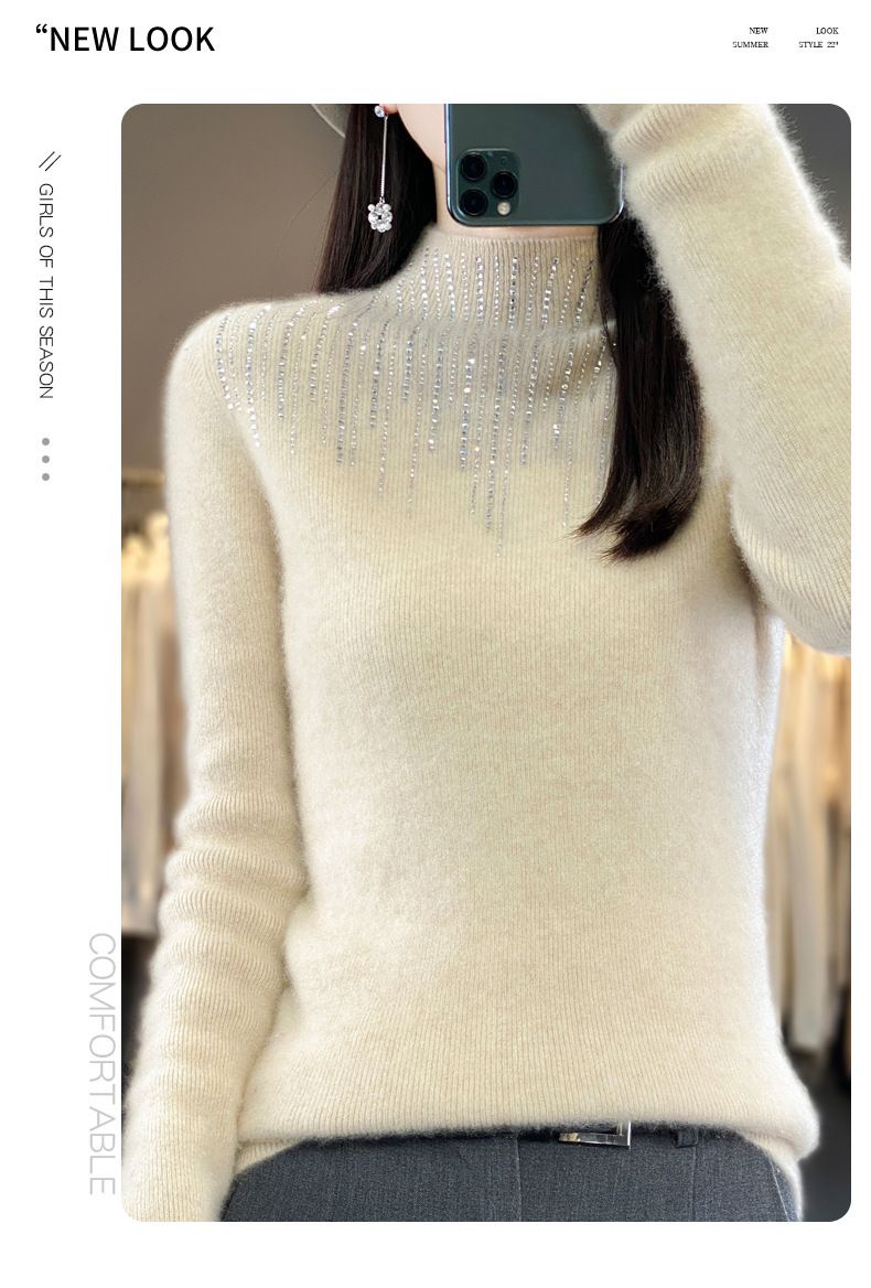 Eleganter Strickpullover Damen Halbrollkragenpullover mit Strassverzierung, Slim Fit, Andy Fleece Stoff, geometrisches Muster_voghion.com