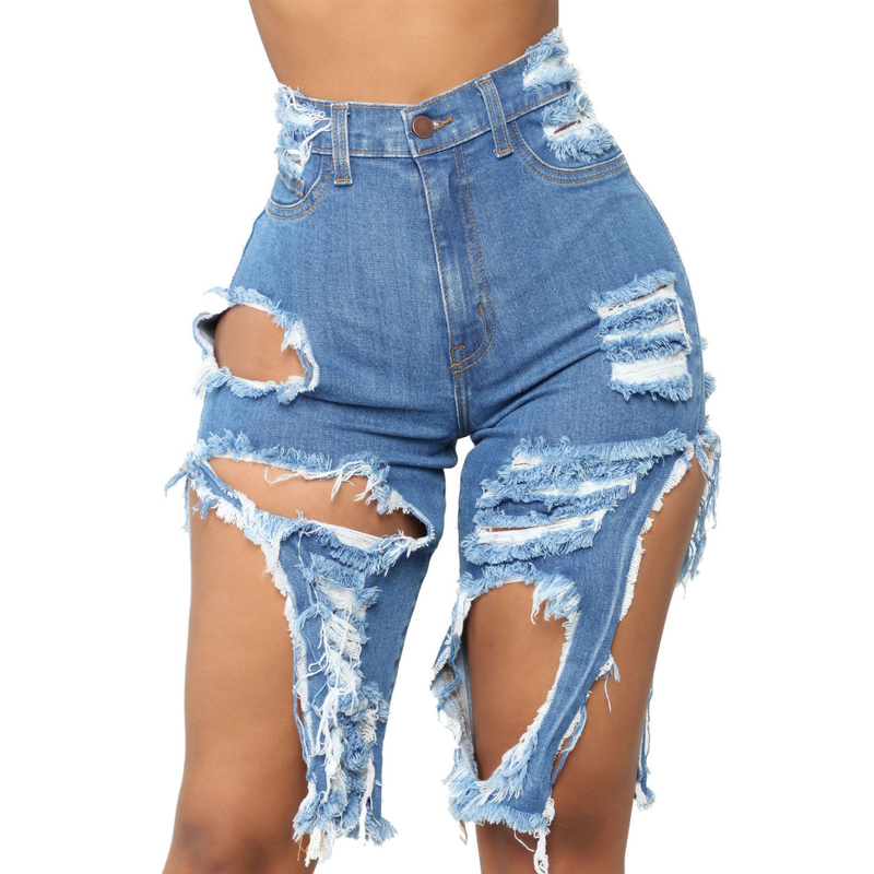 Women's clothing HSF2068 fashionable front and rear ripped high waist slit sexy stretch denim shorts_voghion.com