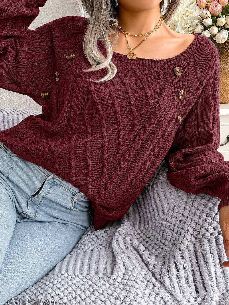 Womens Autumn Winter Cable Knit Sweater Solid Color Square Neck Buttons Long Sleeve Ribbed Knitted Pullover Loose Jumpers Tops_voghion.com