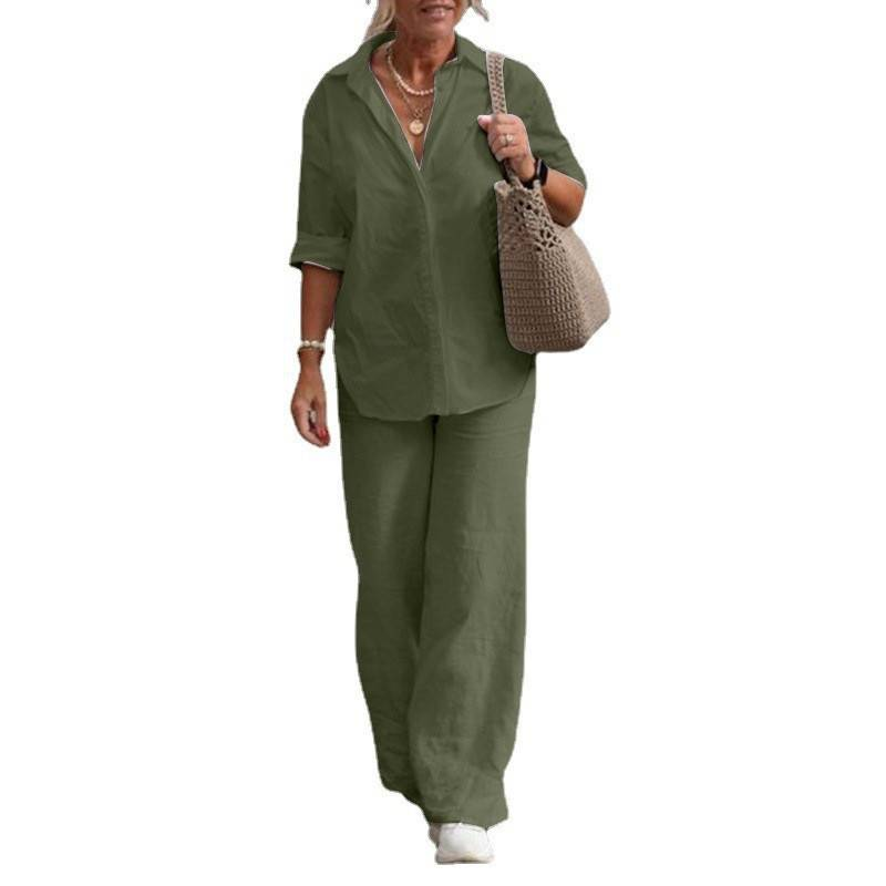 Ensemble deux pièces en coton et lin pour femme, chemise à manches longues et revers, pantalon décontracté uni pour le printemps et l'automne, tailleur à jambes larges_voghion.com