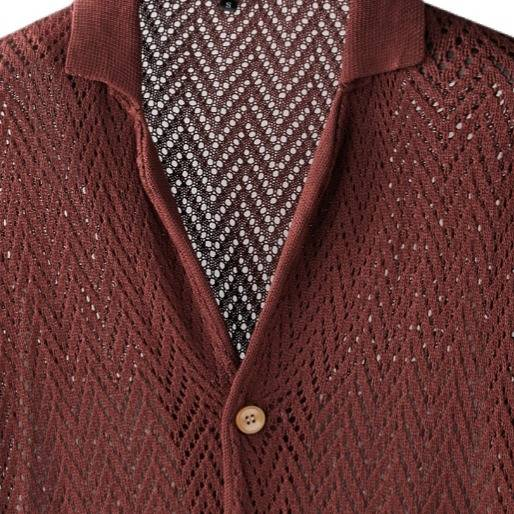 Poloshirt im Resort-Stil mit offenem Strickmuster für Herren – Atmungsaktiver Eisseidenstoff, Häkeldetails, Locker geschnittene Kurzarm-Strickjacke (Rotbraun, M/L/XL/XXL)_voghion.com