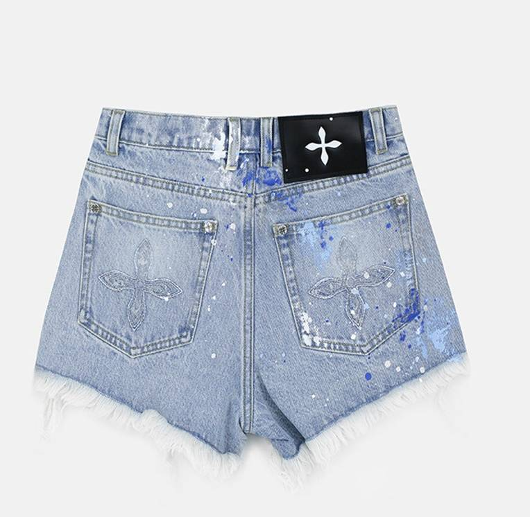 Short en jean taille haute à fleurs croisées peintes à la main, style vintage, en coton vieilli, pour femme, streetwear, mode_voghion.com