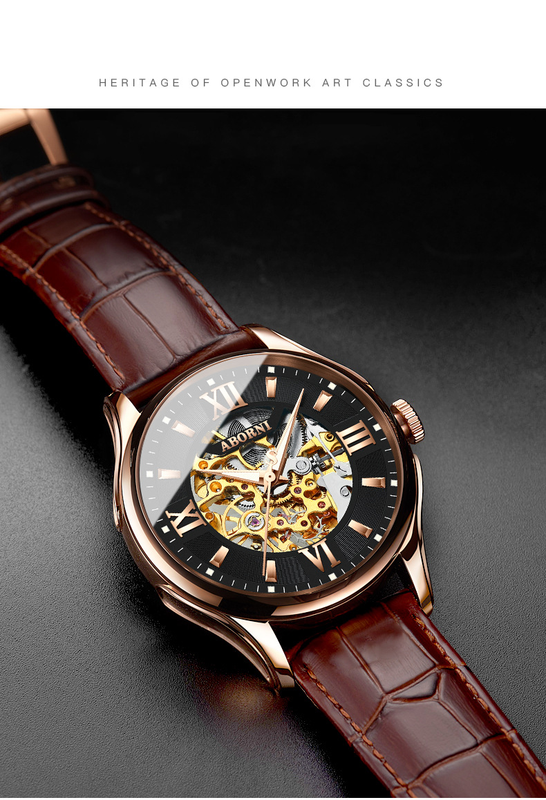 Montre squelette automatique pour homme avec bracelet en cuir, étanche et lumineuse, design ajouré double face, montre mécanique tendance_voghion.com