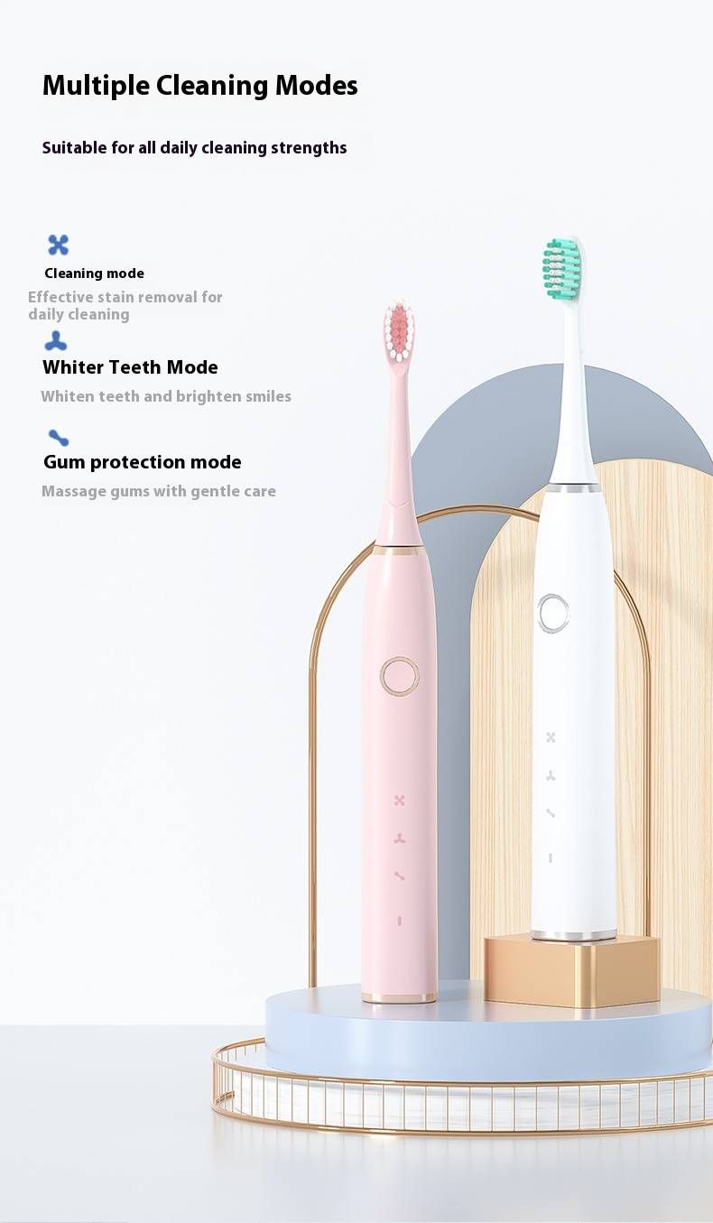 Intelligente elektrische Schallzahnbürste – 3 Modi, Akku mit über 30 Tagen Laufzeit, Aufladen über USB, weiche Borsten für empfindliche Zähne (Weiß/Pink)_voghion.com