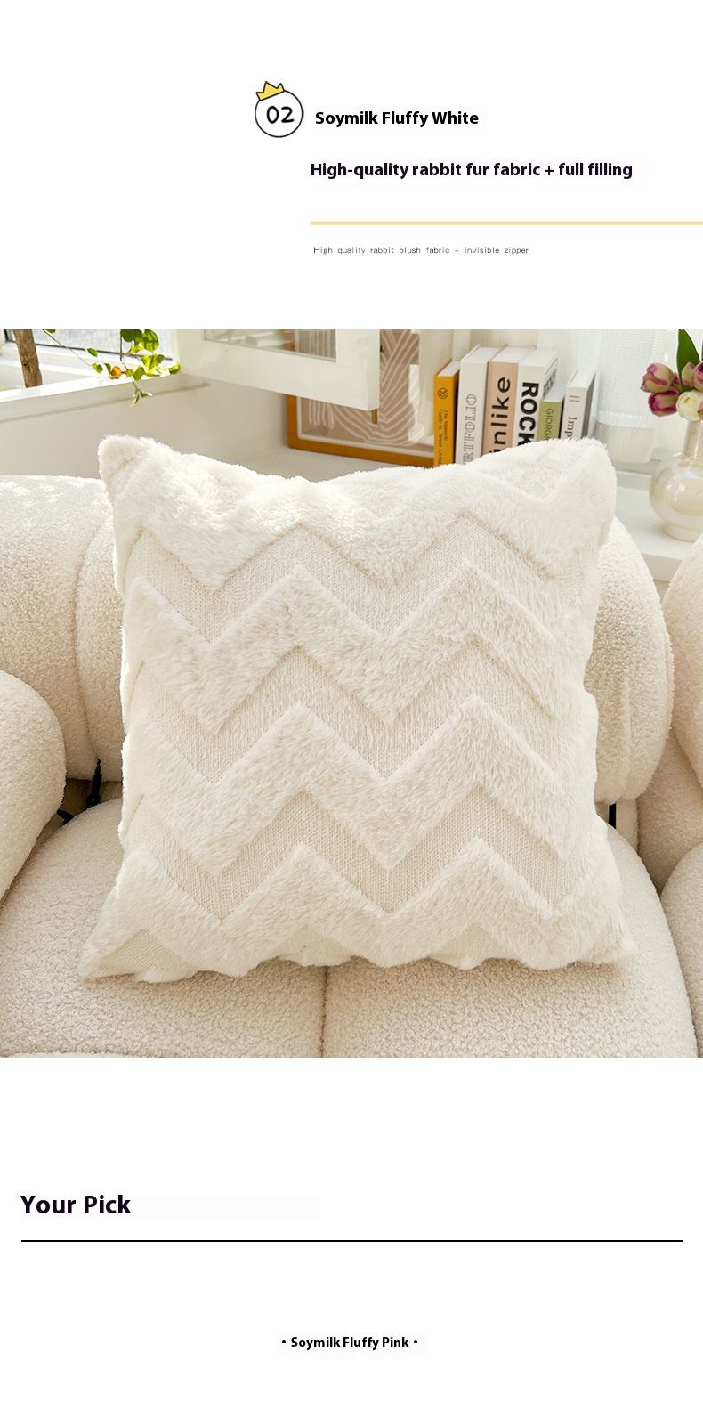 Federa per cuscino in soffice pelliccia di coniglio 45x45 cm - Cuscino a righe e onde nordiche per divano e letto (bianco/rosa) - Include cuscino interno_voghion.com