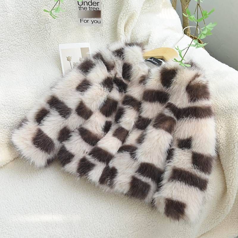 Manteau d'hiver en fausse fourrure pelucheuse pour enfants - Veste chaude et élégante à carreaux colorés pour filles, douce et confortable, à carreaux marron, 90-160 cm_voghion.com