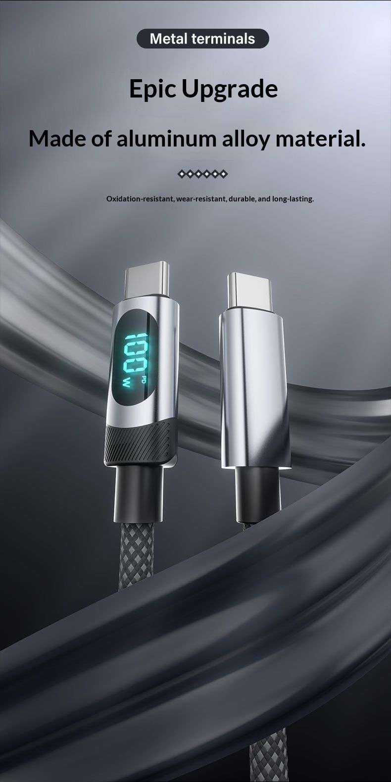 Digitex Zinc Alloy Braided TC CC Single Line Compatible With 15/14 Huawei Smart Digital Display Super Fast Charging Data_voghion.com