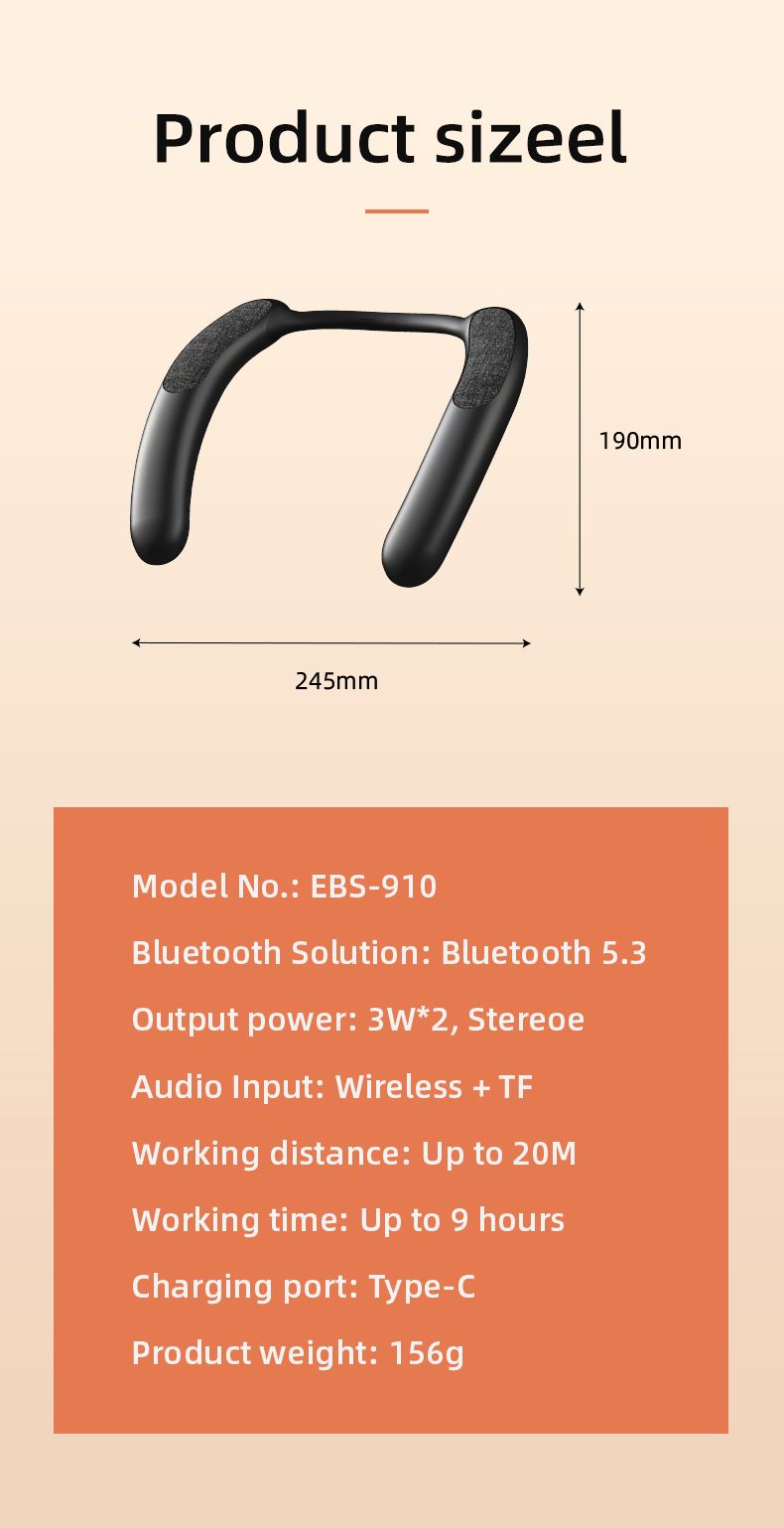 Rockmia EBS-910 Altoparlante portatile wireless Bluetooth Collo indossabile Scheda TF Lettore musicale stereo Microfono Bassi FreeHands_voghion.com