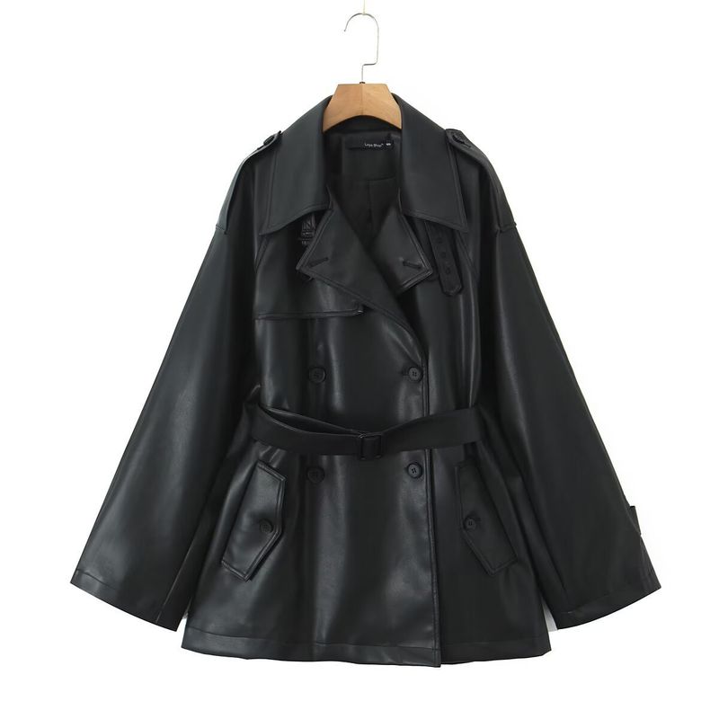 Herfst Nieuwe Dames Effen Kleur Dubbelrijs Met Taille Riem, Middellange Leren Windjack_voghion.com