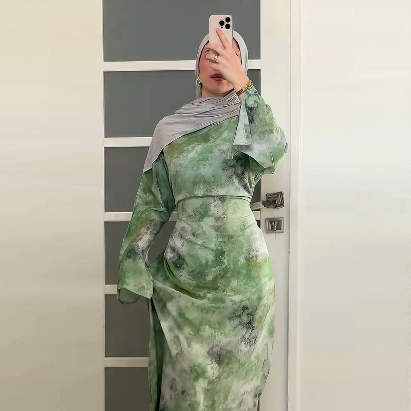 Damenbekleidung Damenkleid mit Blumendruck – Elegantes Langarm-Midikleid mit Fliege, Büro- und Freizeitkleidung (Grün, Gelb, S/M/L/XL)_voghion.com