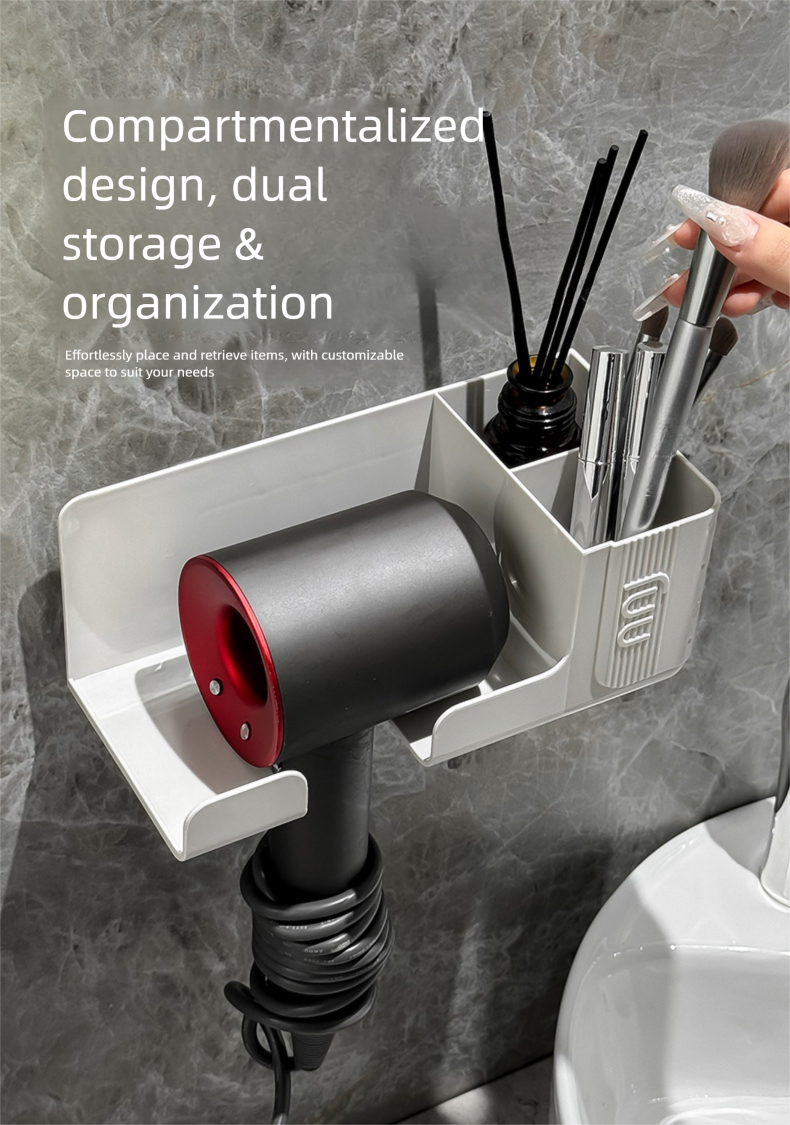 Supporto per asciugacapelli integrato da parete multifunzionale senza foratura per il bagno_voghion.com