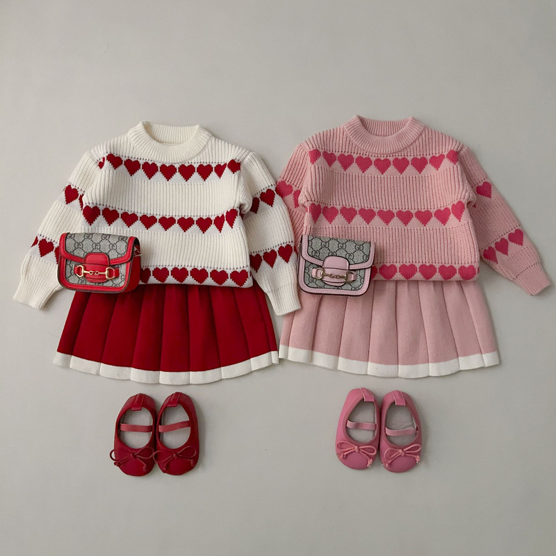 Ensemble deux pièces tricoté en Jacquard pour fille, pull à la mode, amour, jupe pull, édition coréenne, nouvelle collection automne/hiver 2023_voghion.com