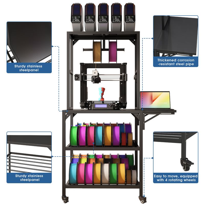 3D Printer Stand, Heavy Duty 3D Printer Table Stand With Filament Storage Rack, T-Shaped Spools Holder Rack With Wheels,3D Printer Workbench For 3D Printing Studio, Home Office Workshop_voghion.com