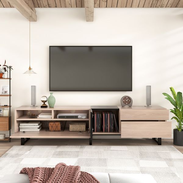 Modern TV Stand For 80'' TV With Double Storage Space, Media Console Table, Entertainment Center With Drop Down Door For Living Room, Bedroom, Home_voghion.com