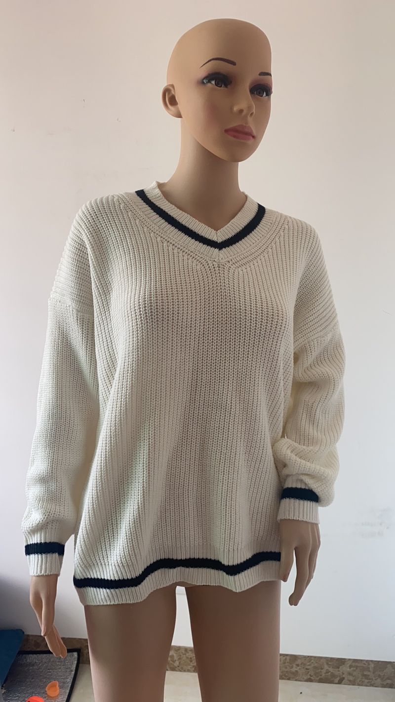 Pull ample à manches longues pour femme, coupe décontractée, motif color block, col en V, tissu acrylique doux, tendance et confortable pour l'automne et l'hiver_voghion.com