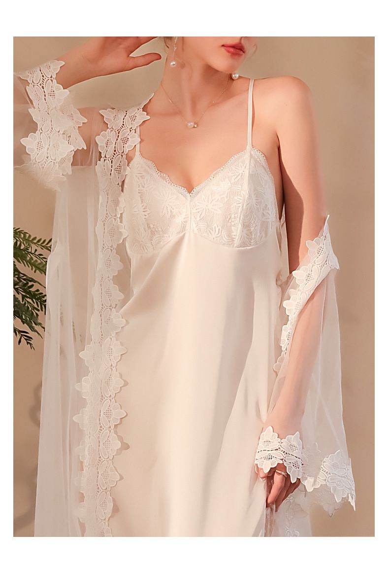 Elegantes Nachthemd- und Morgenmantel-Set mit Spitzenbesatz – Langes Kleid aus transparentem Netzstoff mit passendem Überwurf (S/M/L, Weiß, leichtes Polyester, verstellbare Träger)_voghion.com