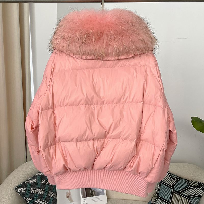 Women's Clothing Ready to stock detachable oversized raccoon fur collar winter women's short thickened white duck Warm jacket jacket flat coat coat_voghion.com