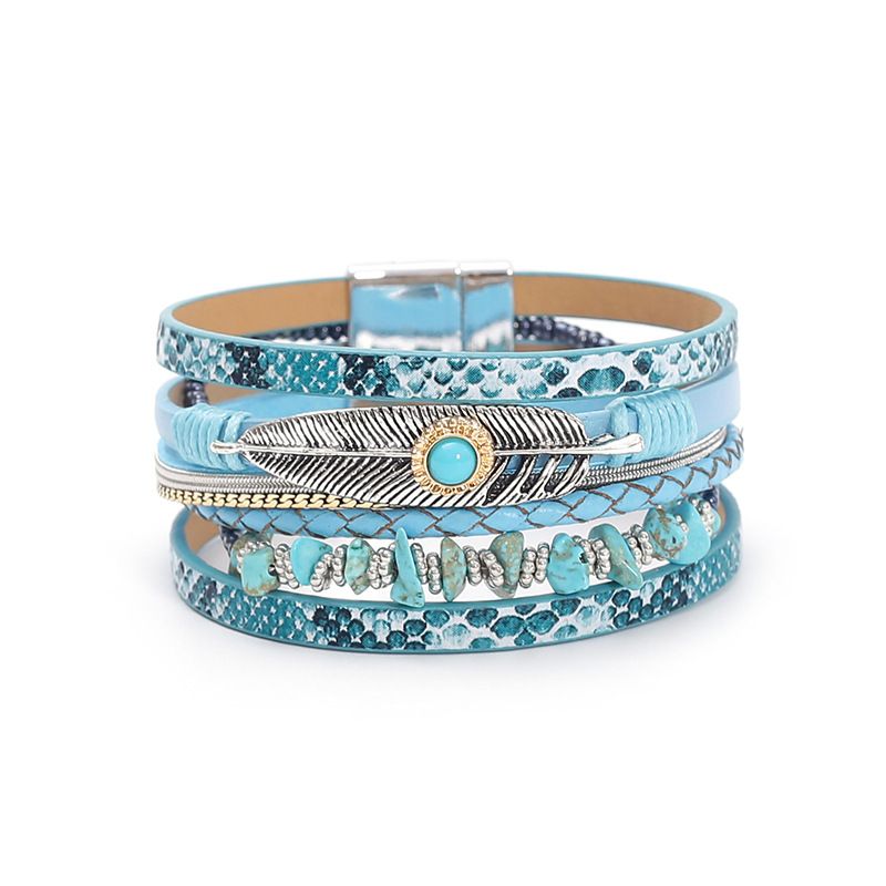 Gravel Feather leren damesarmband creatieve retro veer turquoise magneet sluiting armband_voghion.com