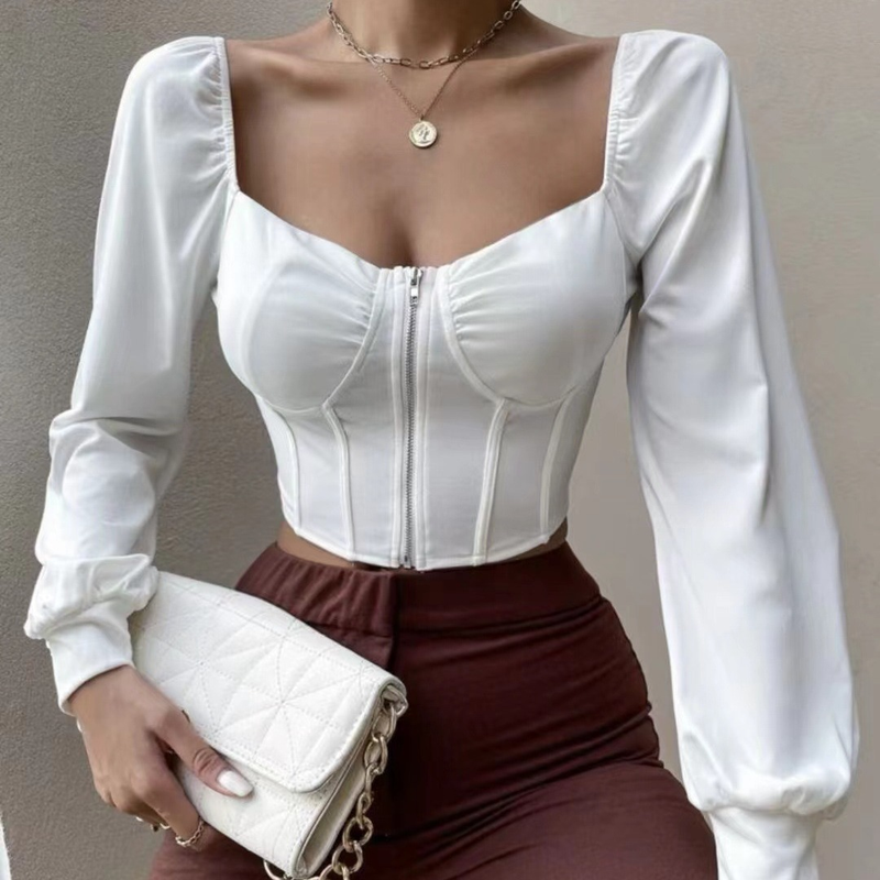 Damenbekleidung Retro Mädchen Reißverschluss Freiliegendes Schlüsselbein Puff Langarmshirt Damen Modisches Kurzes Top Crop Top_voghion.com