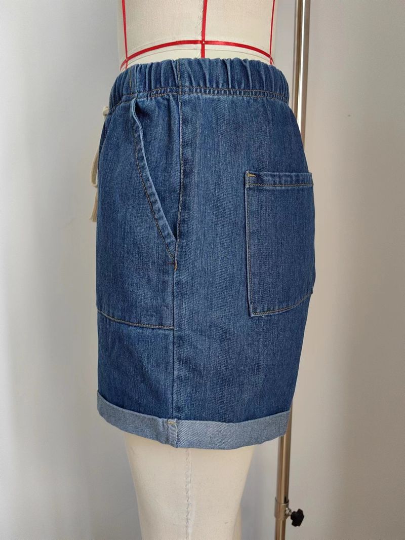 Pantaloncini di jeans da donna Pantaloni elastici in vita con lacci Jeans casual arricciati in denim_voghion.com