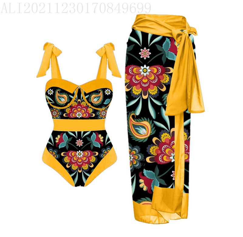 Elegante costume da bagno a 3 pezzi in rete – Bikini con stampa digitale e gonna lunga per spiaggia e piscina_voghion.com