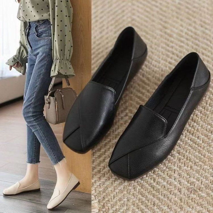 Square-headed Single Shoes Female Lazy Person Pedals British Shoes Trendy Soft-soled Fairy Small Leather Shoes_voghion.com