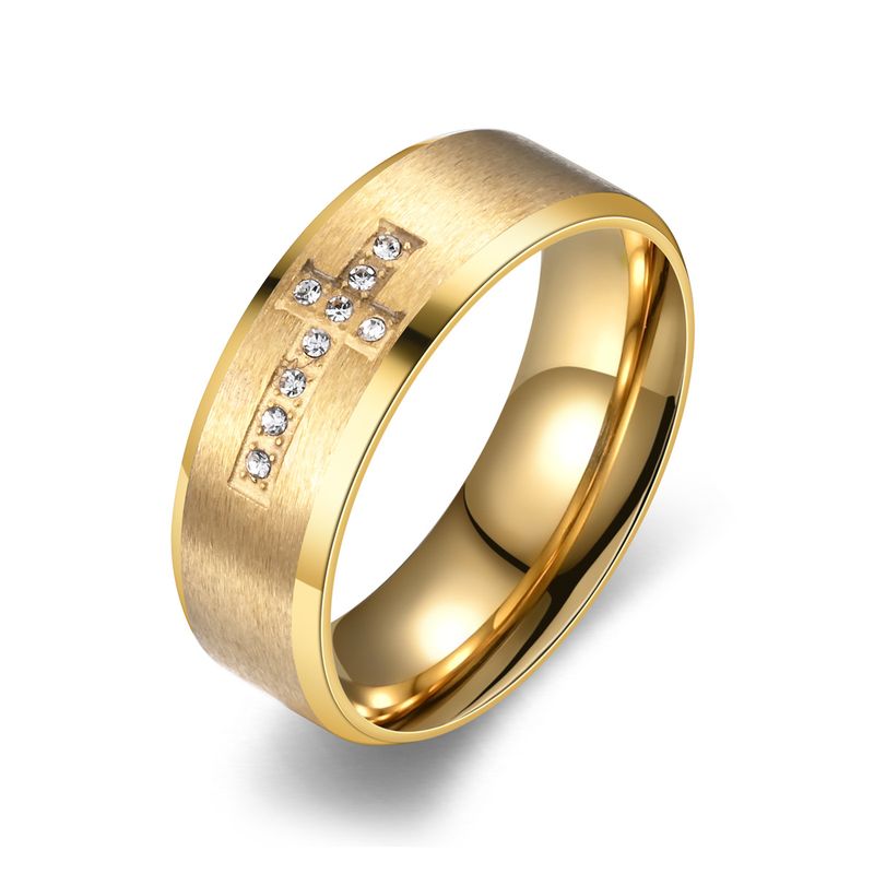 Anello in acciaio inossidabile con croce intarsiata di diamanti e zirconi per indice, gioiello di lusso leggero personalizzato per dito._voghion.com