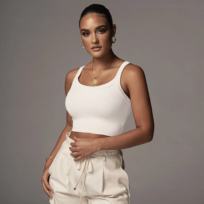Damenbekleidung Damen Ins Niche Threaded Strick-Hosenträgertop Kurze Nabel-freie Slim Fit U-Ausschnitt Innenweste_voghion.com