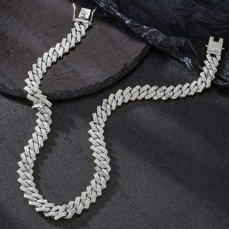 13MM Rhombus Prong Cuban Link Chain 2Row Iced Out Rhinestones Rapper Necklaces Bracelet For Men Women Choker Men Jewelry_voghion.com