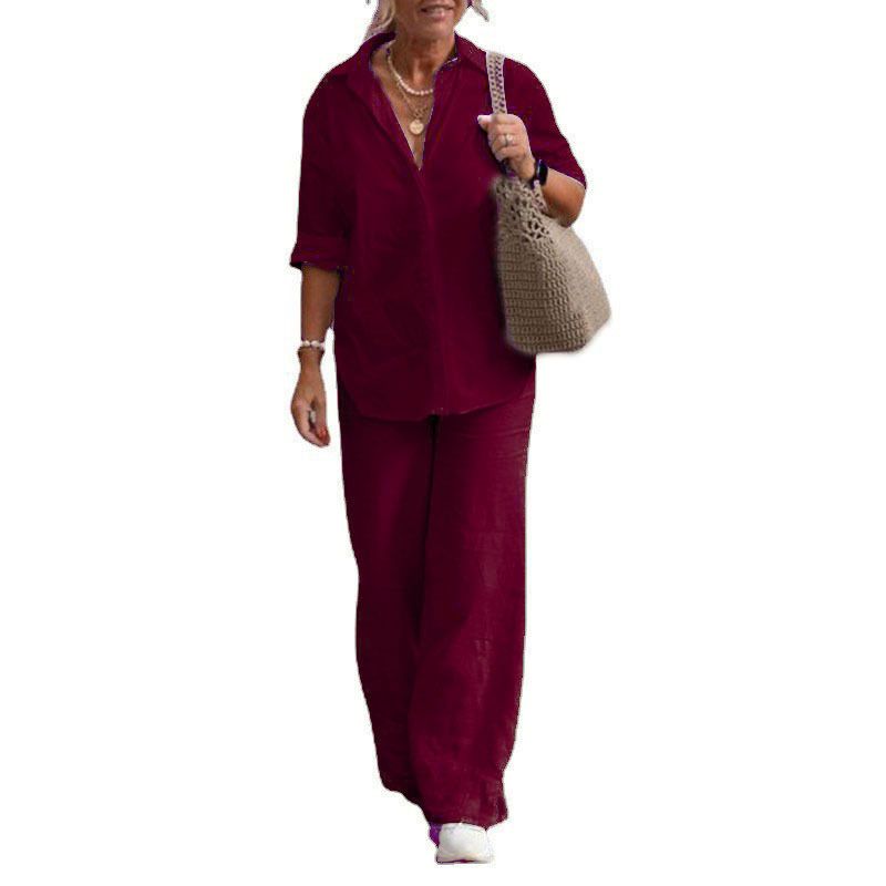 Damenbekleidung Zweiteiliges Set für Damen mit langärmeligem Revers und lässigem Frühlings- und Herbstanzug in einfarbiger Hose mit weitem Bein_voghion.com