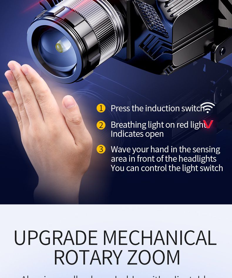 New Strong LED Headlights, Super Bright, Waterproof, Charging, Long Range, Outdoor Head-Mounted Fishing, Night Fishing, Zoom Sensing_voghion.com