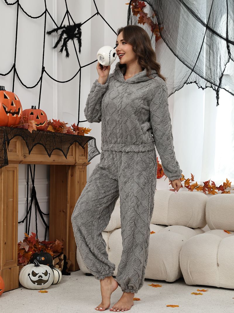 Warm Coral Fleece Jacquard Pajama Set For Women, Autumn Winter Style, High-End Feel, Hooded Zipper, Fluffy And_voghion.com