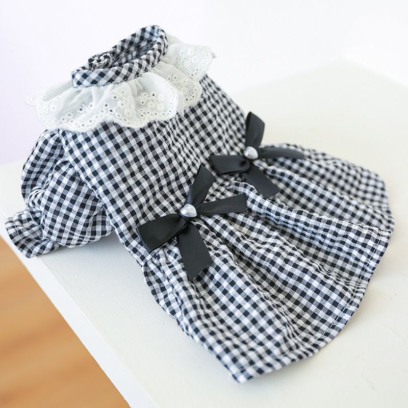 Pet Circle Dog Clothing Cat Clothes Bowknot Lace Collar Edge Black And White Plaid Princess Heart Pearl Dress_voghion.com