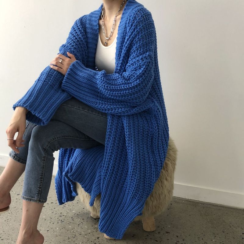 Cardigan lungo in maglia da donna - Maglione oversize con scollo a V e apertura frontale, morbido misto acrilico, vestibilità comoda, cappotto casual, blu e nero_voghion.com