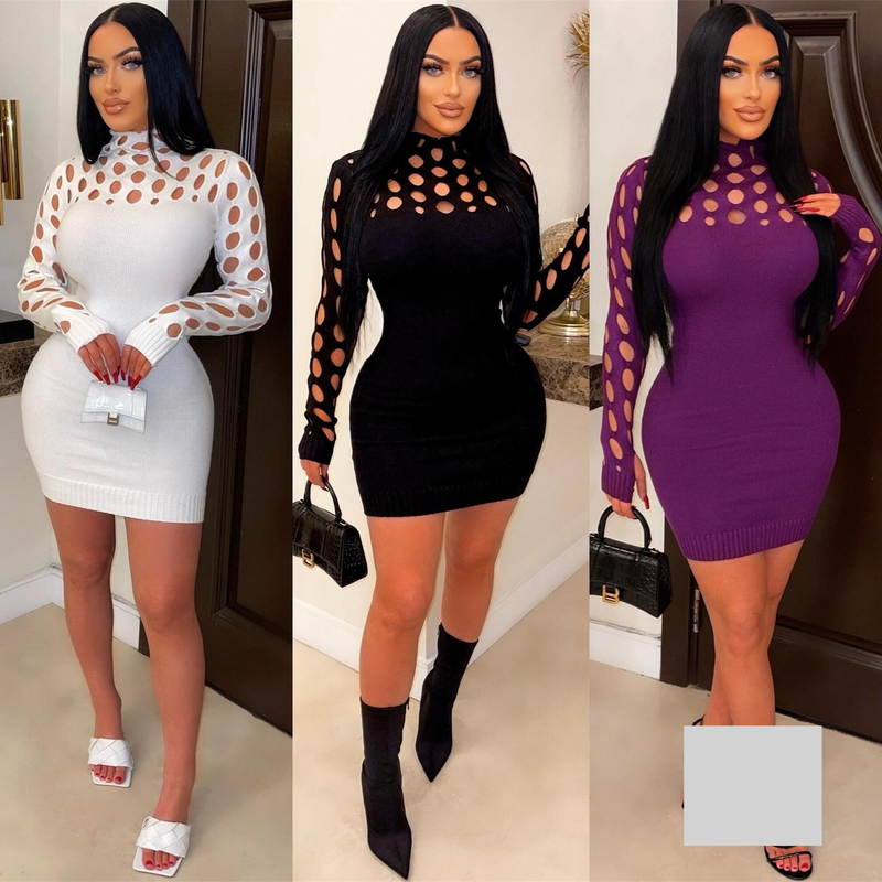 Damenbekleidung modisches sexy Strickkleid aushöhlen langärmeligen engen Wollrock_voghion.com