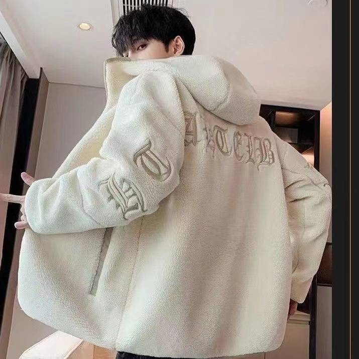 Abbigliamento da uomo Giacca in pelle di agnello Autunno e inverno Stile pile granulare più cardigan in pile Maglione con cappuccio Cappotto in cotone per studenti adolescenti_voghion.com