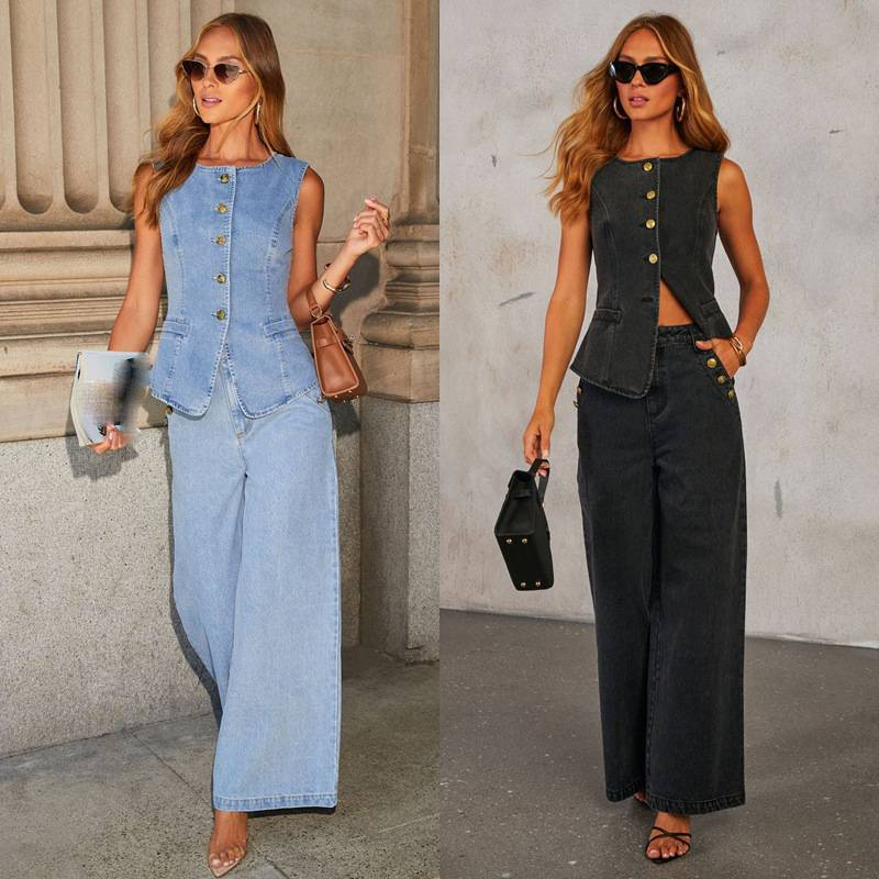 Ropa de mujer Temperamento Botón Chaleco sin mangas Pantalones vaqueros de pierna ancha Traje de mezclilla_voghion.com