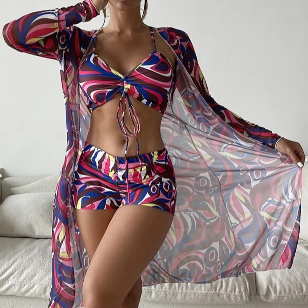 Dameskleding Mesh Blouse Modieus Sexy Beenlengte Broek Driedelig Damesbadpak_voghion.com