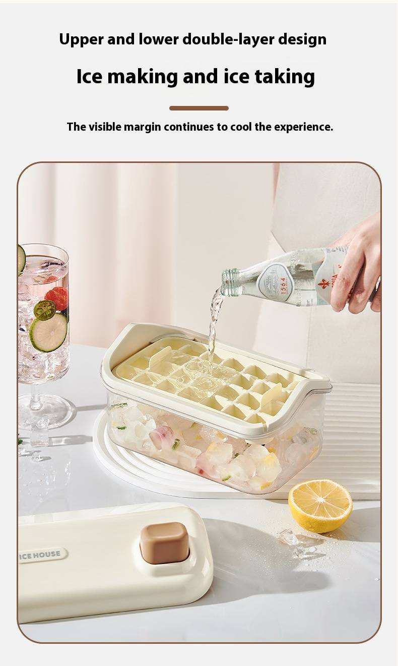 Doppelschichtige Eiswürfelschale mit Presse und Deckel, große Kapazität, lebensmittelechte Gefrierform, leicht zu lösende Eismaschine mit Schaufel für den Kühlschrank (2er-Pack)_voghion.com