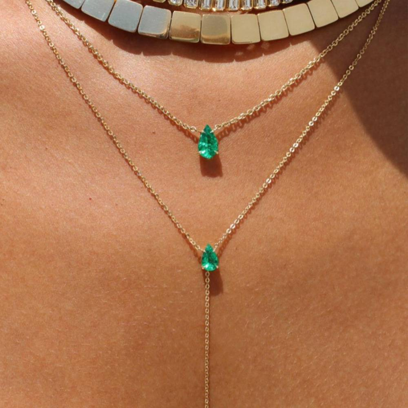 Women's Jewelry Double Layer Teardrop Emerald Y Shaped Necklace Sweater Chain Retro French Light Luxury Niche Clavicle Chain Electroplated Real Gold_voghion.com